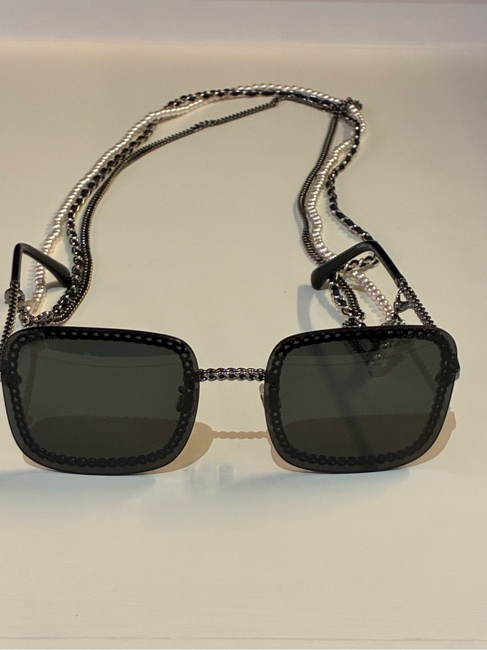 Chanel Women's Black Beaded Square Sunglasses with Chain